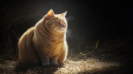 A golden cat sits peacefully in sunlight, surrounded by shadows. This beautiful portrait captures the serene moment of a relaxed pet in nature.の素材