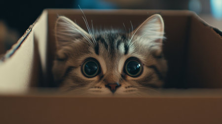 A charming close-up of a fluffy cat peeking out from a cardboard box, showcasing its large, expressive eyes and playful curiosity in a cozy setting.の素材