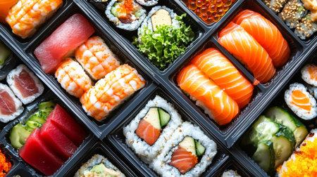 A vibrant assortment of sushi showcasing various types, colors, and textures. Perfect for culinary enthusiasts seeking a delightful dining experience.の素材