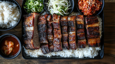 A vibrant grilled meat platter served with rice, kimchi, and fresh vegetables. Perfect for food lovers seeking a hearty and flavorful meal experience.の素材
