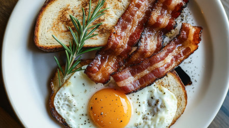 Enjoy a delicious breakfast plate featuring crispy bacon, a perfectly cooked egg, and toasted bread, garnished with fresh rosemary for added flavor.の素材