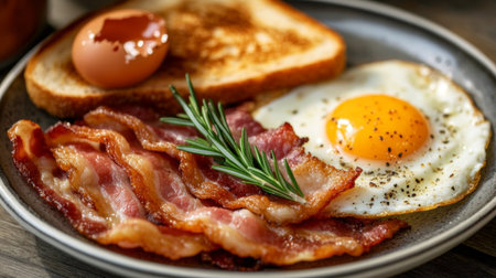 A beautifully arranged breakfast plate featuring crispy bacon, a sunny-side-up egg, toasted bread, and a touch of rosemary for added flavor and presentation.の素材