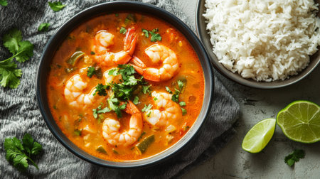 A vibrant bowl of shrimp curry accompanied by fluffy white rice and garnished with fresh cilantro and lime. Perfect for a comforting meal.の素材