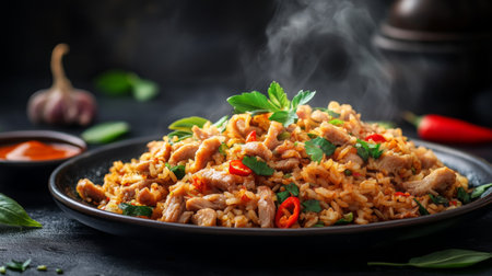 A steaming plate of chicken fried rice with fresh herbs, chili, and garlic, showcasing vibrant colors and flavors in an appetizing culinary dish.の素材
