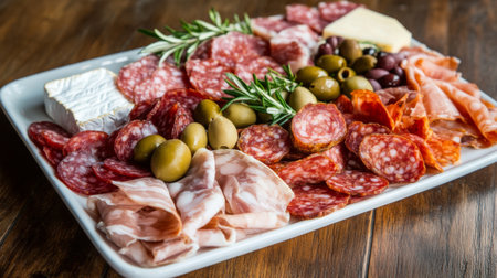 A beautifully arranged charcuterie platter featuring an assortment of cured meats, cheeses, olives, and garnished with fresh herbs, perfect for gatherings.の素材