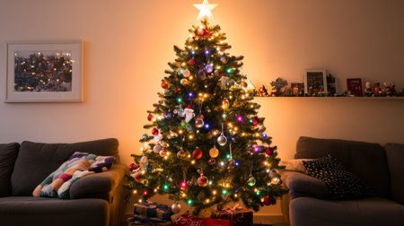 A beautifully decorated Christmas tree shines brightly in a cozy living room, adorned with colorful lights and festive ornaments, creating a warm holiday atmosphere.の素材
