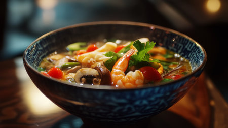 A vibrant bowl of fresh seafood soup featuring shrimp, mushrooms, and herbs. Perfect for showcasing colorful and nutritious culinary creations.の素材
