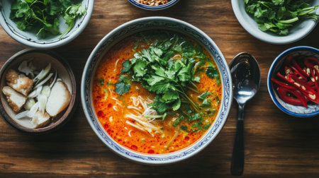 A beautifully arranged bowl of vibrant Asian noodle soup garnished with fresh herbs and spices, perfect for showcasing culinary delights.の素材