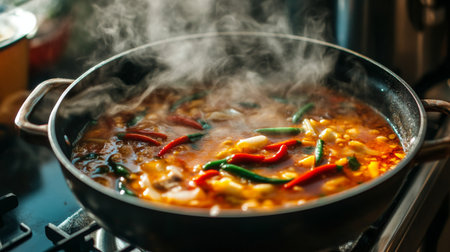 A closeup of a vibrant dish simmering on the stovetop, featuring fresh chili peppers and aromatic spices. The steam rising adds to the inviting atmosphere of the kitchen.の素材