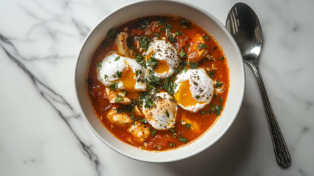 A vibrant bowl of poached eggs nestled in a rich tomato sauce, garnished with fresh herbs. Perfect for breakfast or a nutritious meal any time.の素材