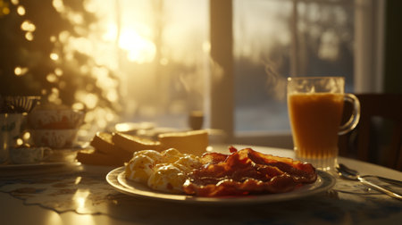 A cozy breakfast scene featuring crispy bacon, fluffy eggs, toast, and steaming coffee. Sunlight pours in, creating a warm atmosphere perfect for winter mornings.の素材