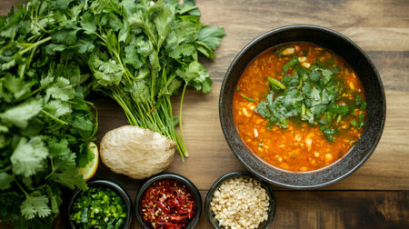 A vibrant display of fresh herbs and ingredients arranged for a comforting soup. Features cilantro, spices, and vegetables that enhance flavor and nutrition.の素材