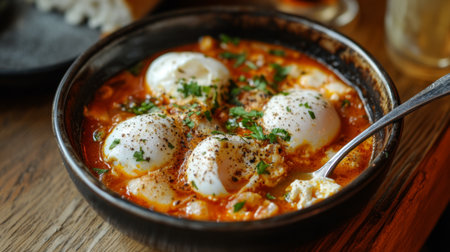 This image features a bowl of eggs in spicy tomato sauce, garnished with herbs and spices. Perfect for a comforting breakfast or brunch dish.の素材