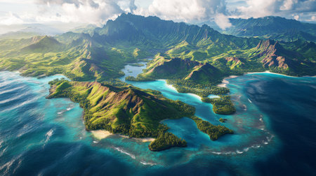 Breathtaking aerial view of a lush tropical island surrounded by clear blue waters and majestic mountains, showcasing nature's stunning beauty and serenity.の素材