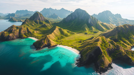 A breathtaking aerial view of a serene coastal landscape featuring lush mountains and tranquil blue waters. Ideal for travel and nature themes.の素材