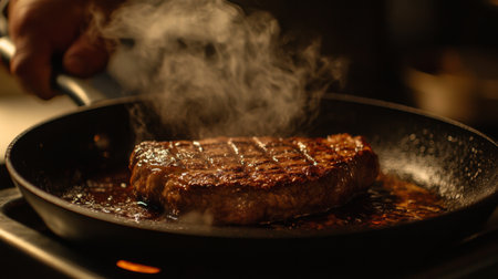A mouthwatering steak sizzling in a hot frying pan, releasing steam and aroma. Perfect for food lovers and culinary enthusiasts.の素材