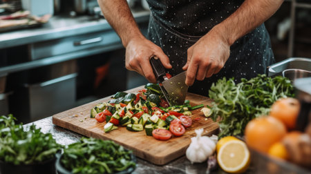 A close-up of a chef's hands chopping fresh vegetables in a vibrant kitchen. The scene captures the essence of culinary preparation and healthy eating.の素材