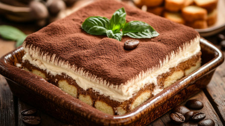 A mouthwatering tiramisu dessert featuring layers of coffee-soaked biscuits, rich cream, and a dusting of cocoa. A perfect sweet treat for any occasion.の素材