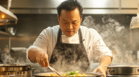 A focused chef skillfully prepares a flavorful dish in a bustling kitchen, surrounded by steam and fresh ingredients, showcasing culinary artistry and passion.の素材