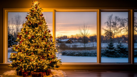 A beautifully decorated Christmas tree with twinkling lights stands by a window, showcasing a serene sunset over a snowy landscape, creating a cozy holiday atmosphere.の素材
