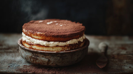 A delectable tiramisu dessert presented on a rustic wooden table. The layered cake features a smooth cream and rich cocoa dusting, perfect for any occasion.の素材