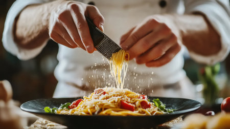 A chef grates fresh cheese over a beautifully plated pasta dish, showcasing a blend of vibrant ingredients and culinary creativity in a cozy kitchen setting.の素材