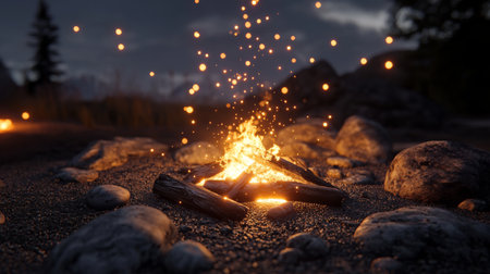 A mesmerizing campfire scene at dusk, featuring glowing sparks and warm light. Perfect for capturing the essence of outdoor adventures and cozy gatherings.の素材