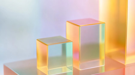 A stunning arrangement of colorful transparent geometric shapes reflecting light, perfect for modern design projects, backgrounds, or artistic displays.の素材
