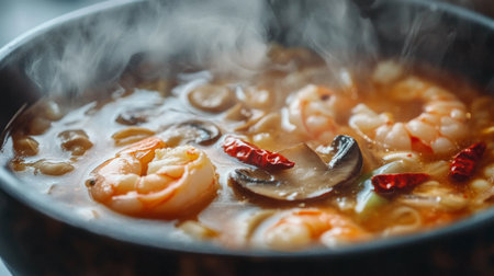 A vibrant bowl of fresh seafood soup featuring shrimp, mushrooms, and spices, creating a delightful steam and comfort food experience. Perfect for any meal.の素材