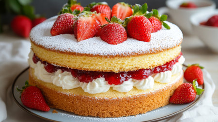 A beautiful fresh strawberry cream cake garnished with ripe strawberries and powdered sugar, perfect for celebrations and indulgent desserts.の素材