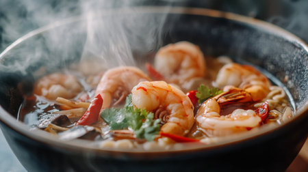 A steaming bowl of shrimp soup filled with spices and fresh herbs. This vibrant dish showcases an appetizing presentation, perfect for any meal.の素材