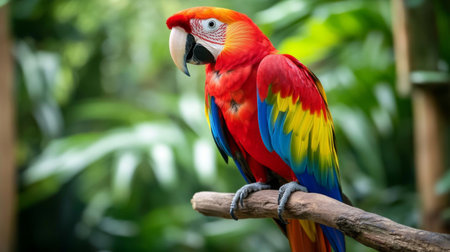 A stunning scarlet macaw perched on a branch, surrounded by vibrant greenery. This exotic bird showcases vivid colors, highlighting its beauty in nature.の素材