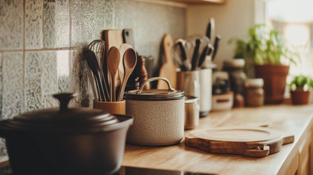 A cozy kitchen scene featuring various cooking utensils, pots, and fresh herbs. The warm, inviting atmosphere highlights domestic life and food preparation.の素材