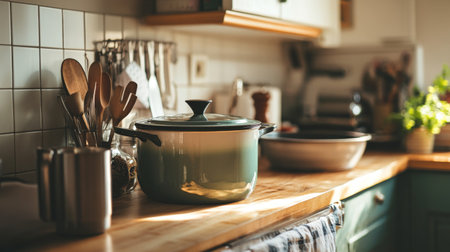 A charming kitchen scene featuring a pot and various cooking utensils on a wooden counter. Sunlight casts a warm glow, enhancing the cozy atmosphere.の素材