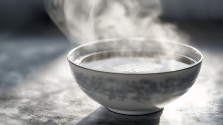 A close-up of a steaming bowl of hot beverage, capturing the essence of warmth and comfort in a serene kitchen setting. Perfect for wellness themes.の素材