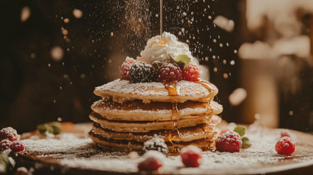 A mouthwatering stack of fluffy pancakes topped with fresh berries and a drizzle of syrup, adorned with whipped cream, perfect for breakfast or brunch.の素材