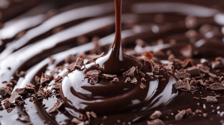 Close-up of smooth dark chocolate melting with shavings, showcasing its rich texture and glossy finish, perfect for dessert lovers and culinary art.の素材