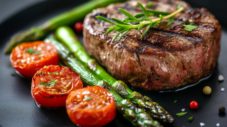 A beautifully arranged plate featuring grilled steak alongside vibrant asparagus and roasted tomatoes, perfect for showcasing gourmet dining and fresh flavors.の素材