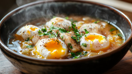 A steaming bowl of egg soup with fresh herbs and a warm broth. Perfect for a comforting meal or a nutritious breakfast. Ideal for food lovers.の素材