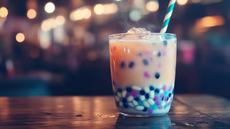 A vibrant boba drink served in a glass with ice and colorful tapioca pearls. Perfect for summer gatherings and casual outings with friends, this refreshing beverage adds a fun touch to any setting.の素材