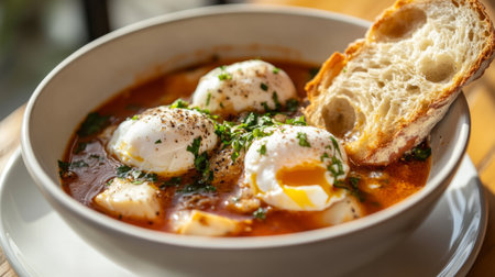A mouthwatering bowl of poached eggs in spicy tomato sauce, served with crusty bread, perfect for breakfast or brunch. A healthy and flavorful choice.の素材
