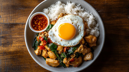 A colorful dish featuring tender chicken, a fried egg, and fluffy rice, perfect for a satisfying meal. Ideal for food lovers and culinary enthusiasts.の素材
