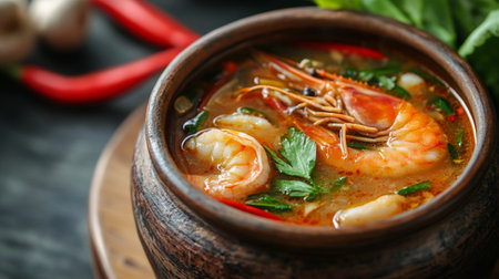 A vibrant bowl of shrimp soup featuring fresh herbs and red chili. This delicious dish highlights the richness of seafood with aromatic spices, perfect for a cozy meal.の素材