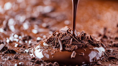 A close-up view of rich dark chocolate melting and drizzling over a mound of cocoa powder, showcasing its luxurious texture and indulgent appeal.の素材
