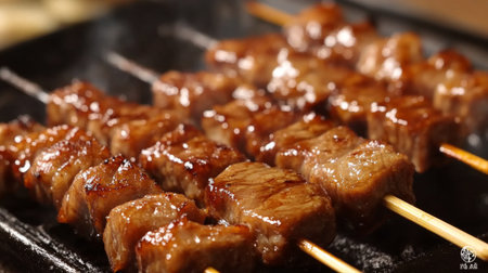 Indulge in tantalizing grilled meat skewers, perfectly charred and richly flavored. Ideal for outdoor gatherings or as a delightful appetizer.の素材