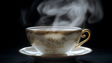 An elegant tea cup with steam rising, showcasing fine porcelain artistry. Perfect for themes of relaxation, hospitality, and gourmet experiences.の素材