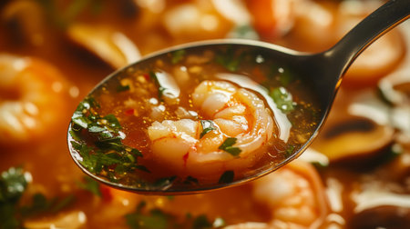 A close-up of a metal spoon holding vibrant shrimp soup, showcasing fresh herbs and rich broth. Perfect for food photography and culinary projects.の素材