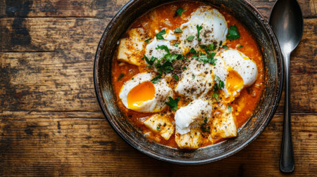 A rustic bowl of hearty stew featuring perfectly poached eggs garnished with fresh herbs. Ideal for breakfast or a comforting dinner option.の素材