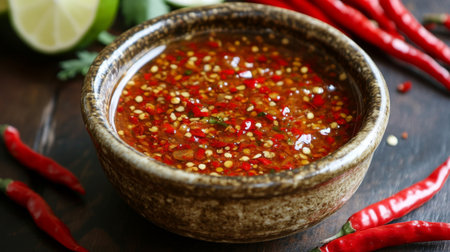 This vibrant bowl of spicy sauce features rich red color with chili flakes, complemented by fresh limes and herbs. Perfect for culinary uses!の素材