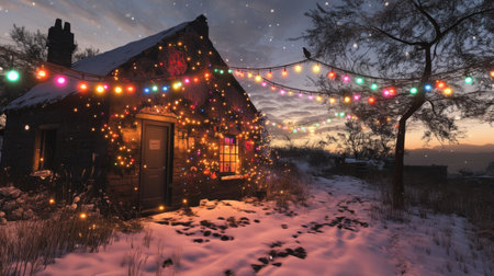 A charming winter cabin adorned with colorful lights, surrounded by serene snow. The festive atmosphere captures the essence of holiday cheer in a tranquil landscape.の素材